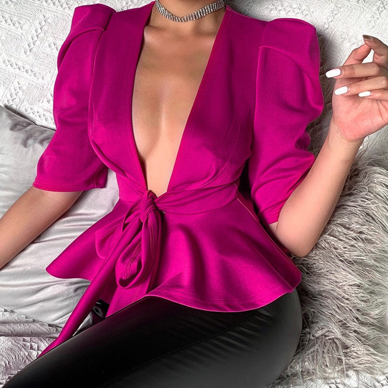 Top Bowknot Lace Up V-Neck Ruffled Top - Sabreeonline