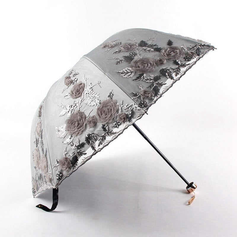 Tri-Fold Double-Layer Embroidery Flower Lace Umbrella Anti-Sun Parasol Black Plastic Anti-UV Umbrella - Sabreeonline