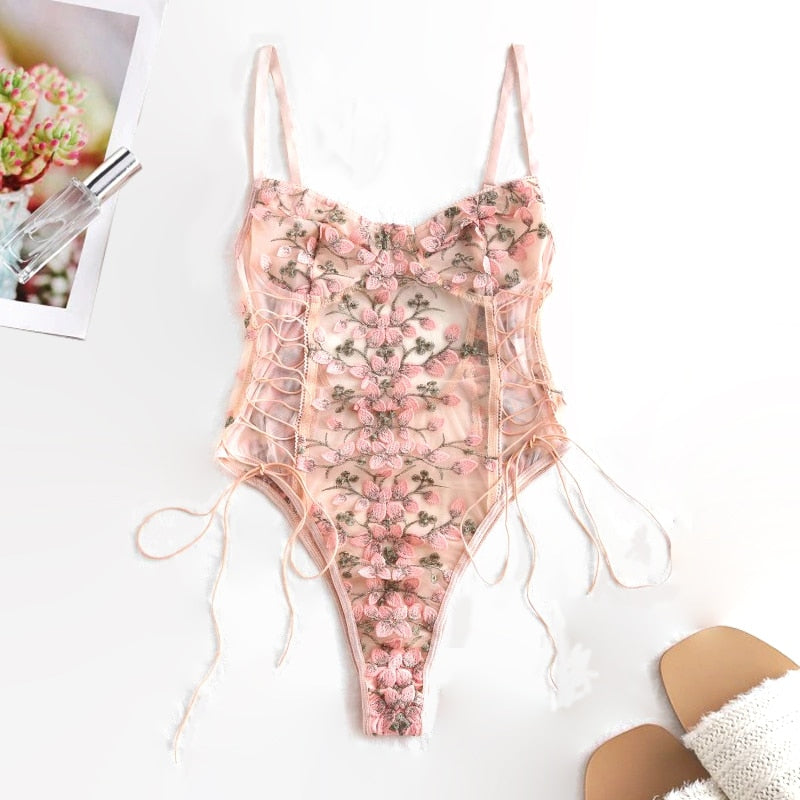 Women Teddy lingerie Sexy Underwear Erotic Corset Lace Mesh Sleepwear Nightwear  Embroidered strap one-piece sexy pajamas - Sabreeonline