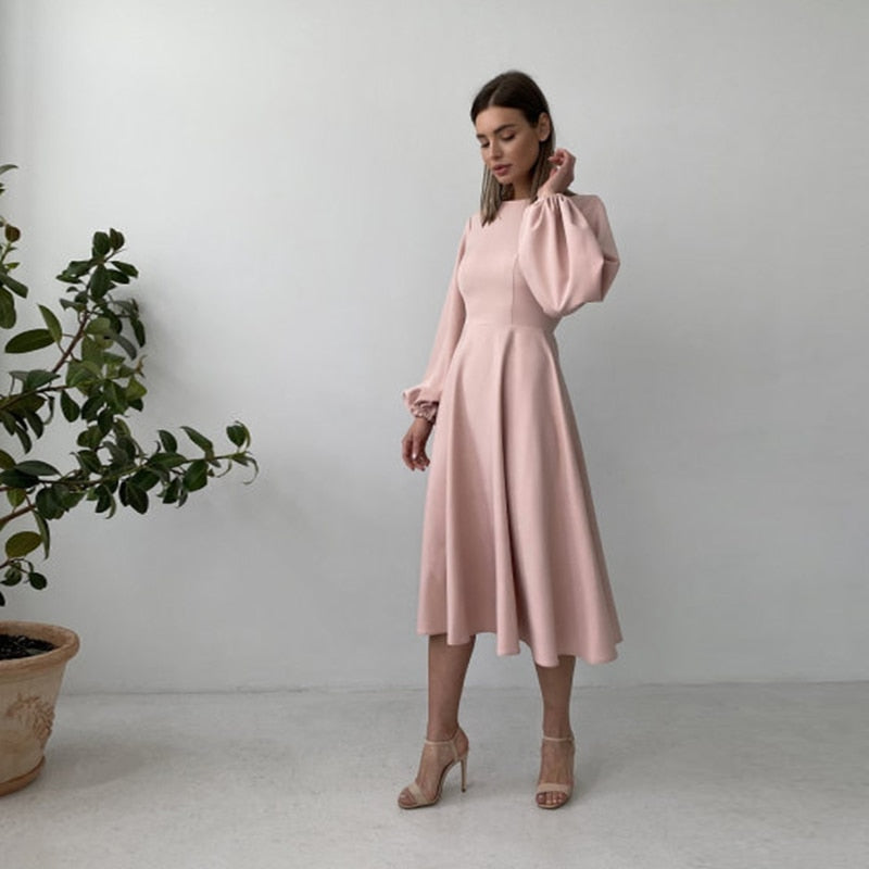Backless Midi Dress Lantern Sleeve O-Neck - Sabreeonline