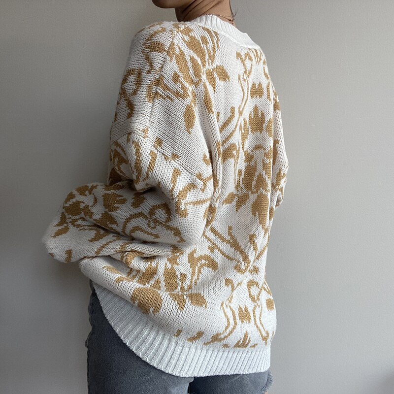 Print V-neck Sweaters Loose Causal