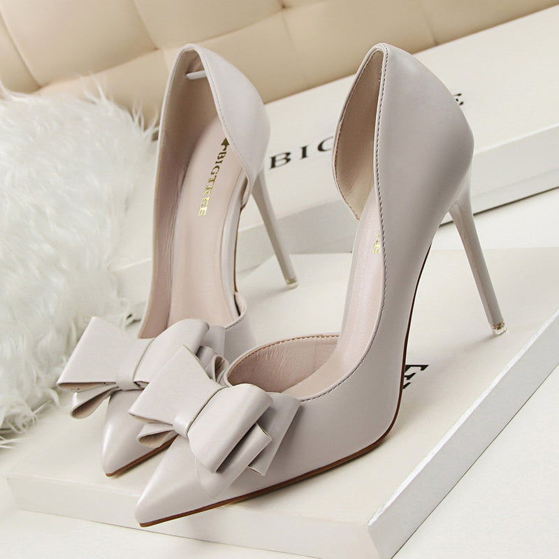 Korean Fashion Women&#39;s Shoes Wedding Bow High Heels Stiletto Heels Shallow Pointed Head Side Empty Thin Shoes