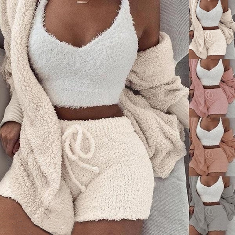 Three Piece Sexy Fluffy Outfits Plush Velvet Hooded Cardigan - Sabreeonline