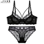 Ultra-thin hollow lace sexy bra and panty set large size C D E cup underwear transparent ladies bra - Sabreeonline