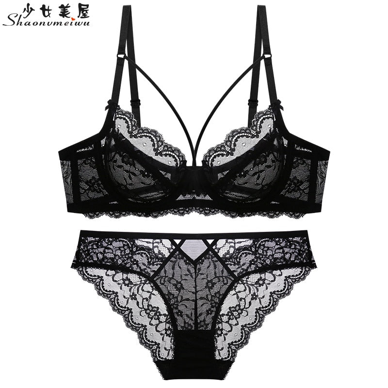 Ultra-thin hollow lace sexy bra and panty set large size C D E cup underwear transparent ladies bra - Sabreeonline