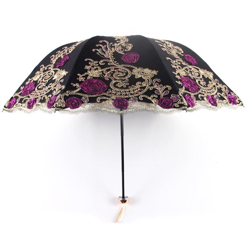 Tri-Fold Double-Layer Embroidery Flower Lace Umbrella Anti-Sun Parasol Black Plastic Anti-UV Umbrella - Sabreeonline