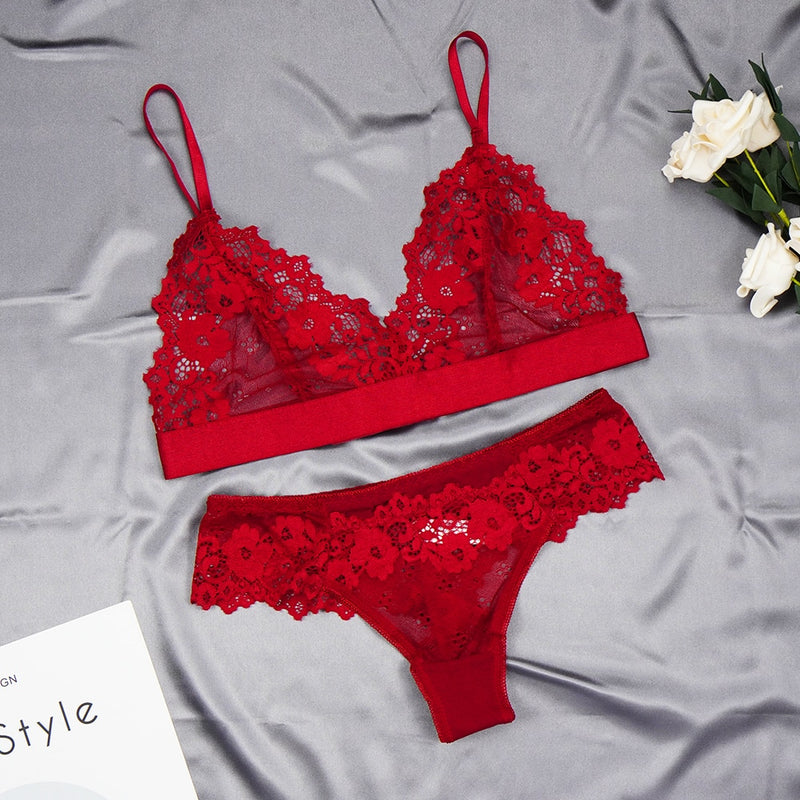 Women Lace Bra Sets Seamless Underwear Transparent Backless Ultra-Thin Unline Lingerie Floral Soft Comfortable Bra Thong Set - Sabreeonline