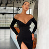 Dress Black Off Shoulder Button Sheath Split Knee-Length Dresses - Sabreeonline