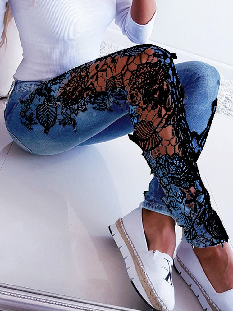 Lace Floral Crochet Hollow-Out Jeans Autumn Women Elegant Sexy Denim Pencil Skinny Jeans - Sabreeonline
