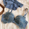 Wriufred Gathered bowknot embroidered bra set mesh gauze no steel ring sexy half-cup pull-up underwear set sexy lingerie - Sabreeonline