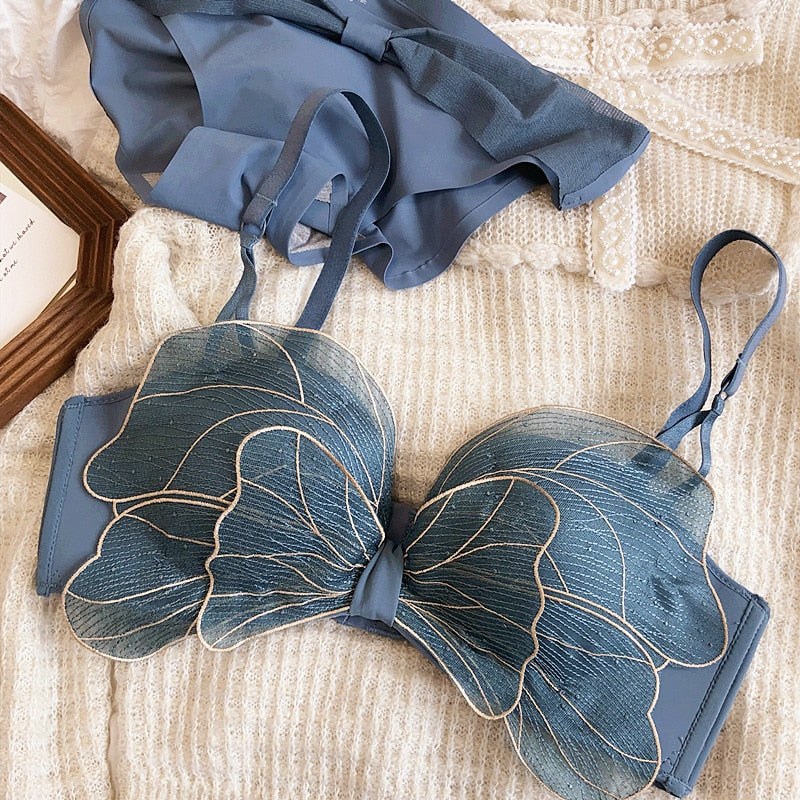 Wriufred Gathered bowknot embroidered bra set mesh gauze no steel ring sexy half-cup pull-up underwear set sexy lingerie - Sabreeonline