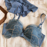 Wriufred Gathered bowknot embroidered bra set mesh gauze no steel ring sexy half-cup pull-up underwear set sexy lingerie - Sabreeonline