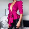 Top Bowknot Lace Up V-Neck Ruffled Top - Sabreeonline