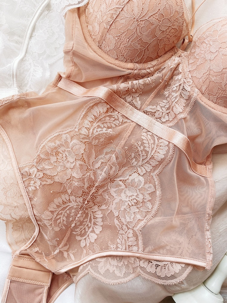 Wriufred Less ladies underwear gathered thickened bra sexy lace transparent sling bodysuit hollow beautiful back lingerie set - Sabreeonline