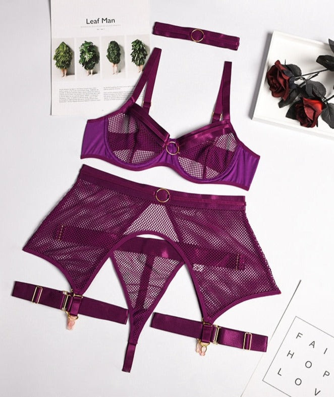 Four-Piece Set Lingerie Transparent Lace - Sabreeonline