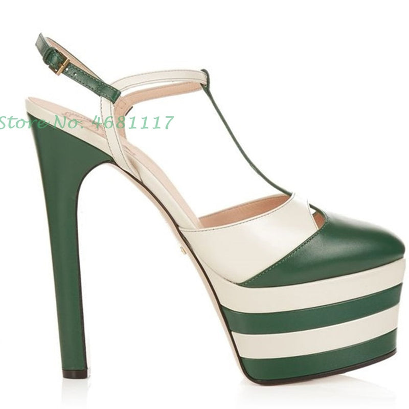 Striped Platform Heel Sandals Women Printed Red Lips Buckle Strap Funky Pumps Round Toe Super High Stiletto Heels Summer Sandals - Sabreeonline
