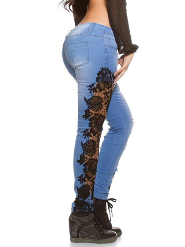 Lace Floral Crochet Hollow-Out Jeans Autumn Women Elegant Sexy Denim Pencil Skinny Jeans - Sabreeonline