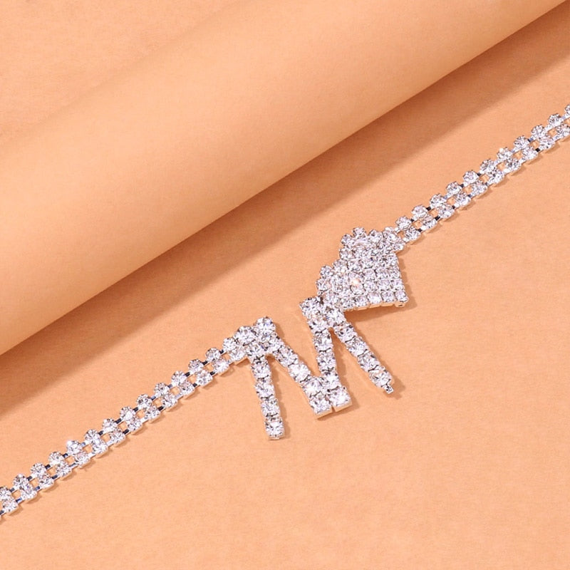 Letter Heart Rhinestone Anklet Chain Double Layer - Sabreeonline