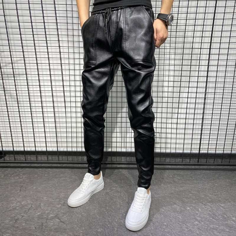 New Winter Thick Warm PU Leather Pants Men Clothing 2023 Simple Big Pocket Windproof Casual Motorcycle Trousers Black Plus Size - Sabreeonline