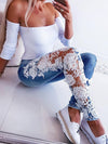 Lace Floral Crochet Hollow-Out Jeans Autumn Women Elegant Sexy Denim Pencil Skinny Jeans - Sabreeonline