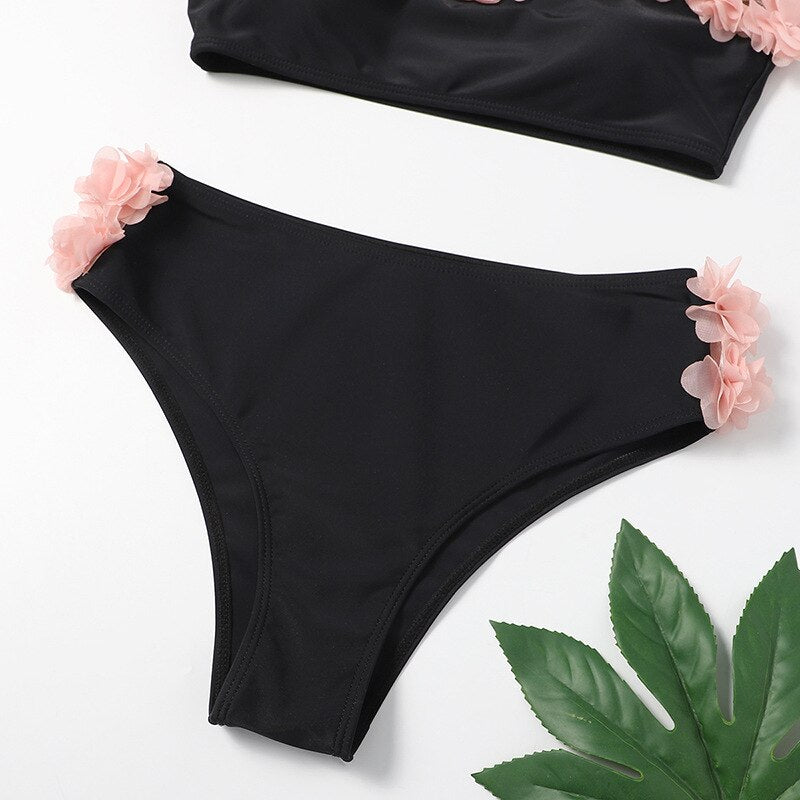 Woman Two Piece Strapless Bikini Swimsuit Solid Swimwear Sexy 3D Flowers Bikini Set High Waist Push up Biquini - Sabreeonline