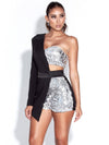 Black Patchwork Sexy One-Shoulder Sequin Bodysuit - Sabreeonline