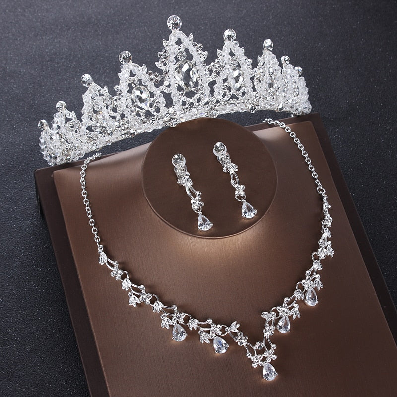 Luxury Heart Crystal Bridal Jewelry Sets Wedding Cubic Zircon Crown Tiaras Earring Choker Necklace Set - Sabreeonline