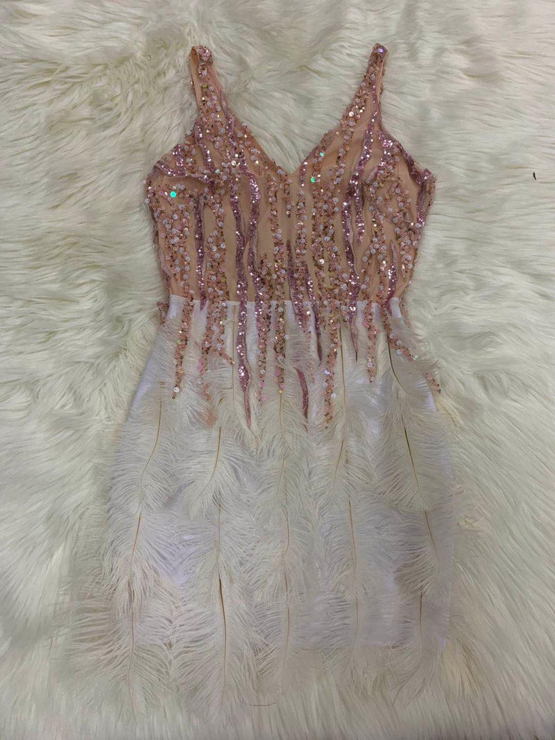High Quality Pink White Feathers Rayon Bandage Dress Elegant Night Club Party Dress Vestidos - Sabreeonline