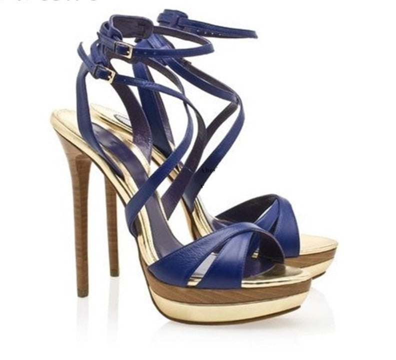 Blue Wooden Platform Ankle Buckle High Heels - Sabreeonline