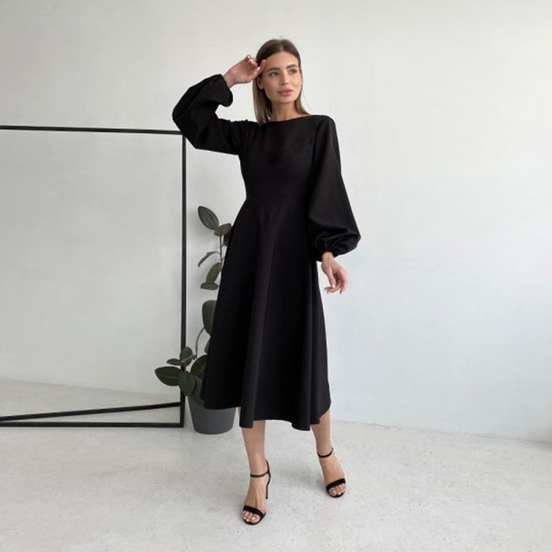 Backless Midi Dress Lantern Sleeve O-Neck - Sabreeonline