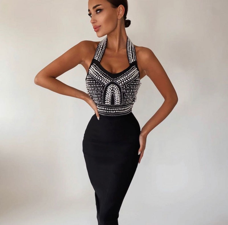 High Quality Khaki Black Mantual Beading Rayon Bandage Dress Elegant Cocktail Party Dress Vestidos - Sabreeonline