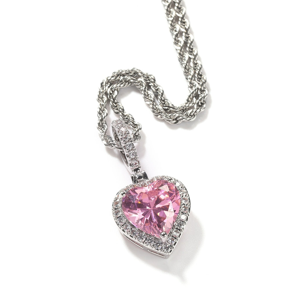 THE BLING KING New Peach Heart Pendant Necklace Color Psychedelic HipHop Full Iced Out Cubic Zirconia CZ Stone - Sabreeonline