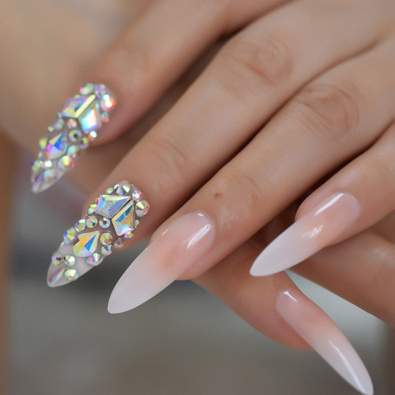 3D Gorgeous Wedding Diamond Long Designed French Nail