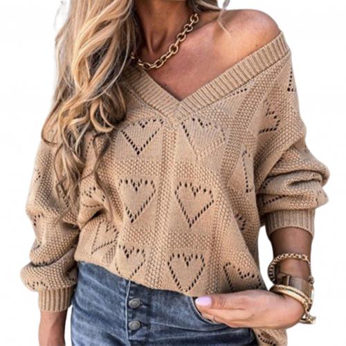 Winter Love Heart Hollow Crochet Sweater Loose V Neck Long Sleeve - Sabreeonline
