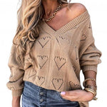 Winter Love Heart Hollow Crochet Sweater Loose V Neck Long Sleeve - Sabreeonline