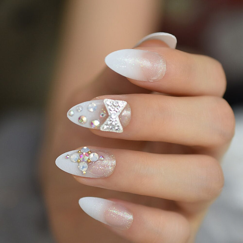 Sharp Artificial  French Nail Tips Pre-designed Nude 3D Long Full Cover Rhinestone Adult Artificial Fake Nails With Glue