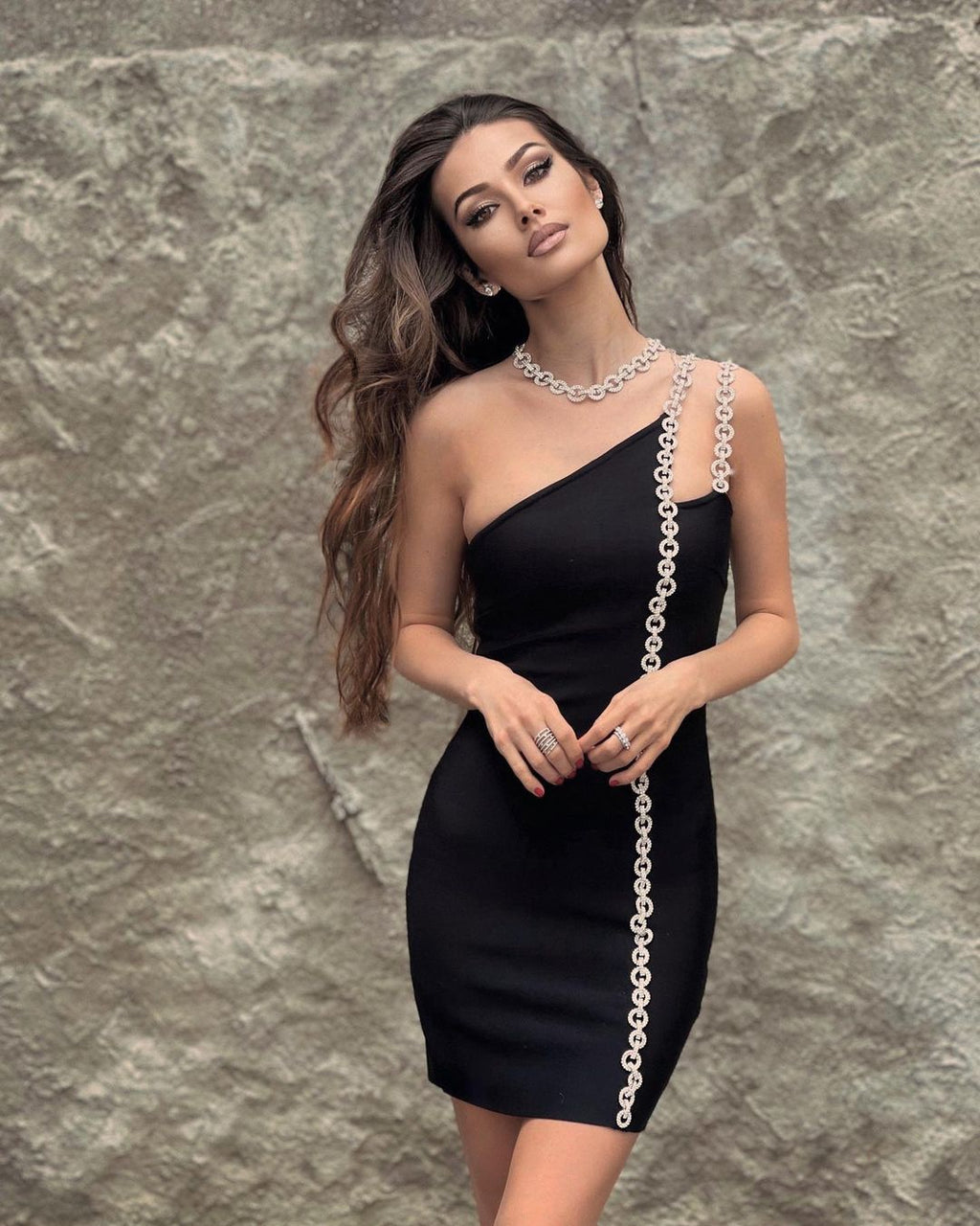 One Shoulder Beading Slip Bodycon - Sabreeonline