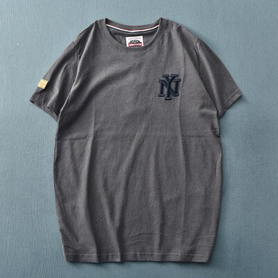 Summer American Style Short Sleeve O-neck Solid Color Embroidered T-shirt Men's Fashion Simple Pure Cotton Washed Old Casual Top - Sabreeonline