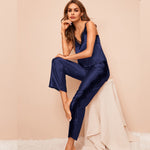 Two Pieces Satin Pajama Set V-Neck Pyjamas Cute Camisole Top and Pants Soft Sleepwear Hollow Out Lace Loungewear - Sabreeonline