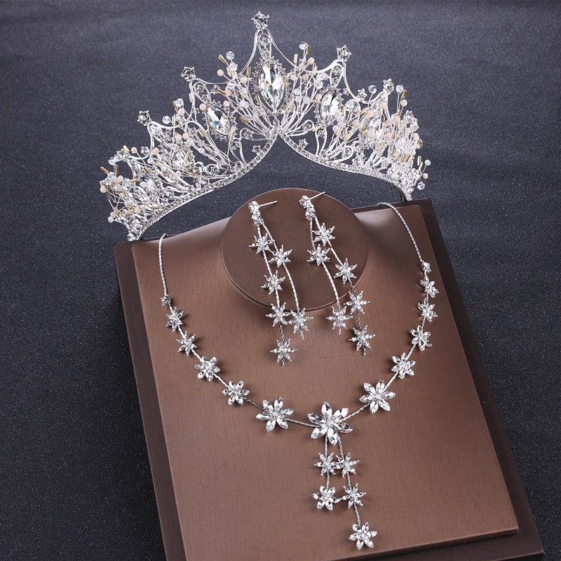 Luxury Heart Crystal Bridal Jewelry Sets Wedding Cubic Zircon Crown Tiaras Earring Choker Necklace Set - Sabreeonline