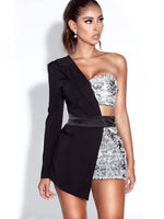 Black Patchwork Sexy One-Shoulder Sequin Bodysuit - Sabreeonline