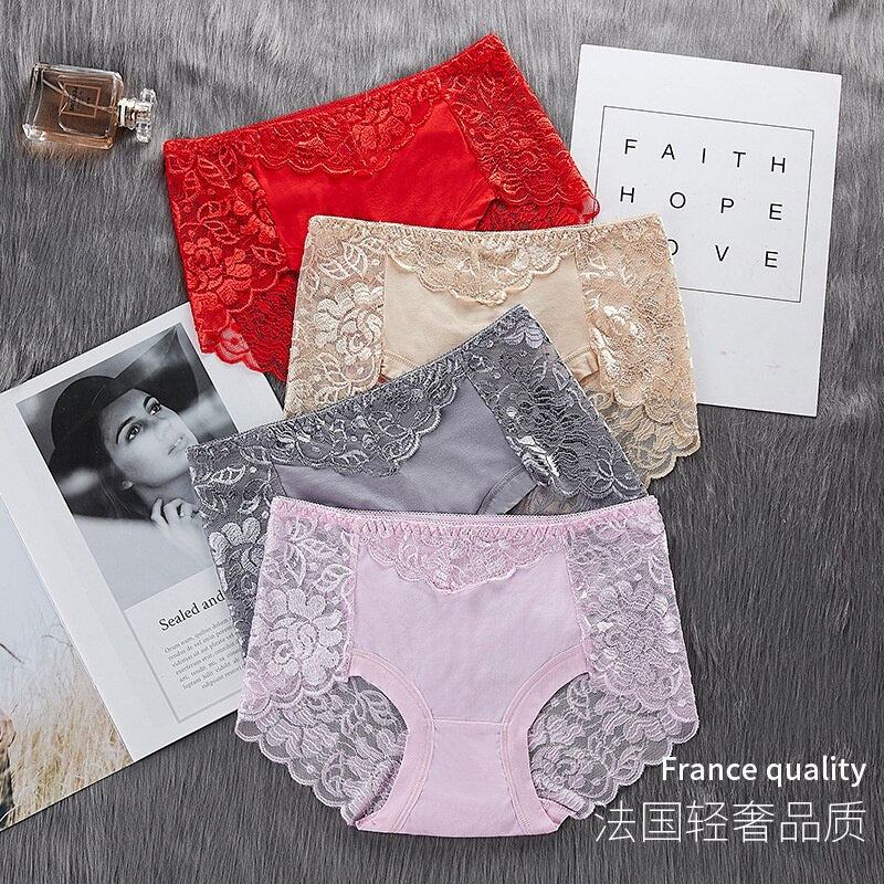 Women's Cotton Underwear Panties Sexy Lace Mid-Waist Hollow Female Briefs Hip Lift Underpants For Lady Plus Size Lingerie ssy58 - Sabreeonline