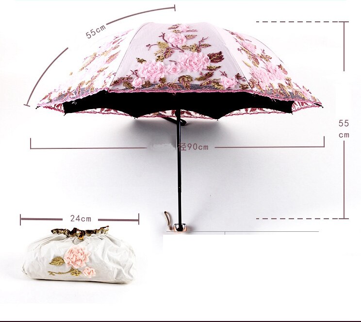 Tri-Fold Double-Layer Embroidery Flower Lace Umbrella Anti-Sun Parasol Black Plastic Anti-UV Umbrella - Sabreeonline