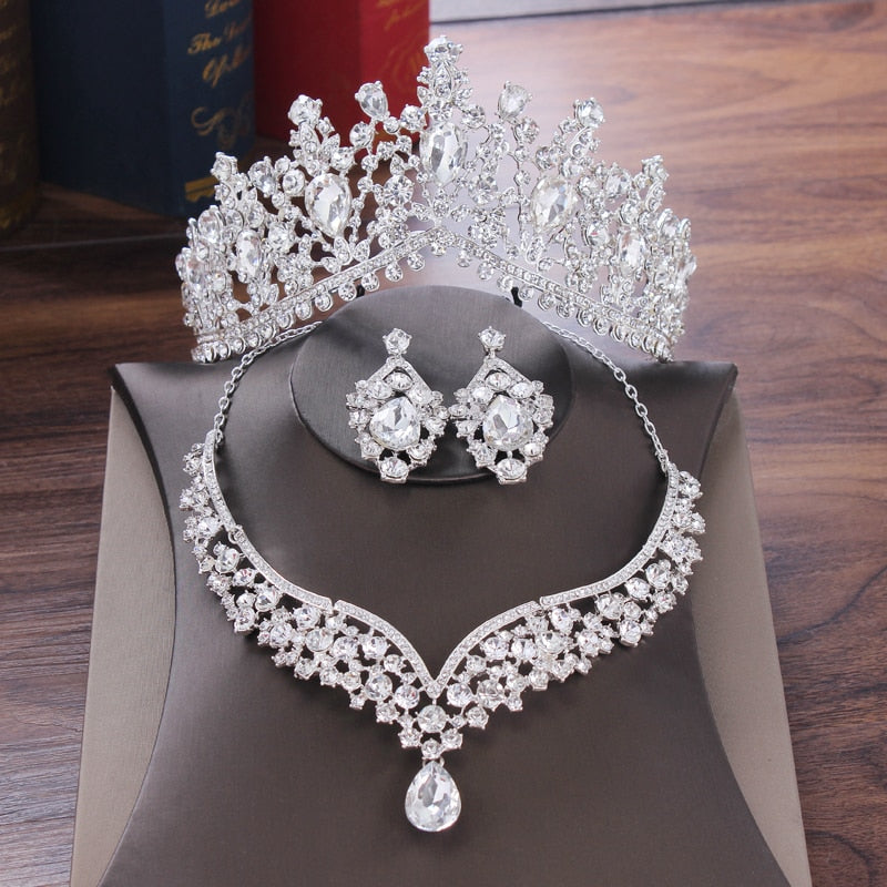 Baroque Crystal Water Drop Bridal Jewelry Sets Rhinestone Tiaras Crown Necklace Earrings for Bride Wedding Dubai Jewelry Set - Sabreeonline