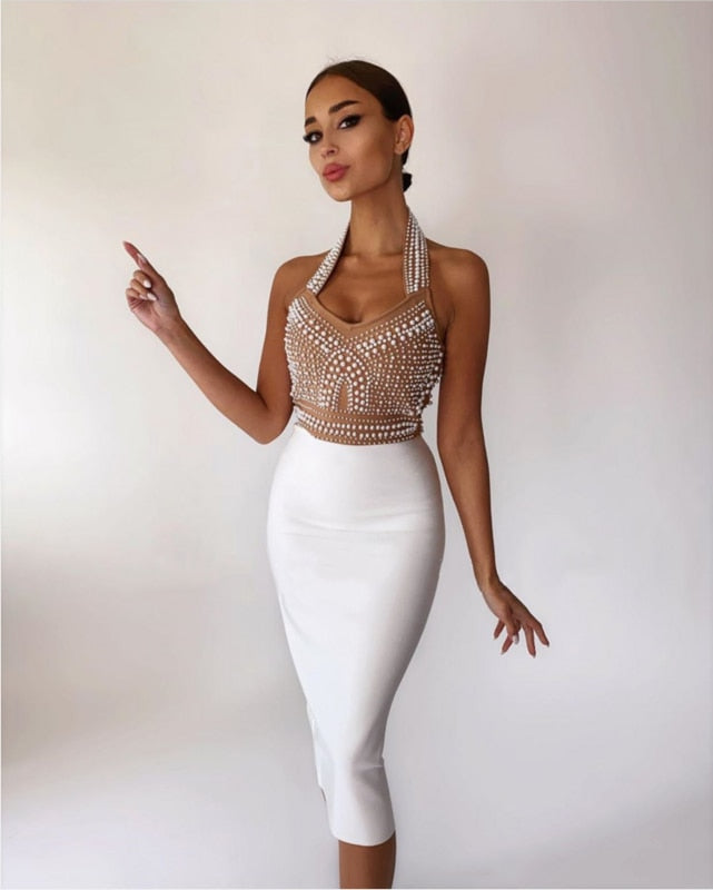 High Quality Khaki Black Mantual Beading Rayon Bandage Dress Elegant Cocktail Party Dress Vestidos - Sabreeonline