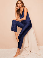 Two Pieces Satin Pajama Set V-Neck Pyjamas Cute Camisole Top and Pants Soft Sleepwear Hollow Out Lace Loungewear - Sabreeonline
