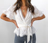 Cotton Embroidery Lace Ruffle Bow Blouses