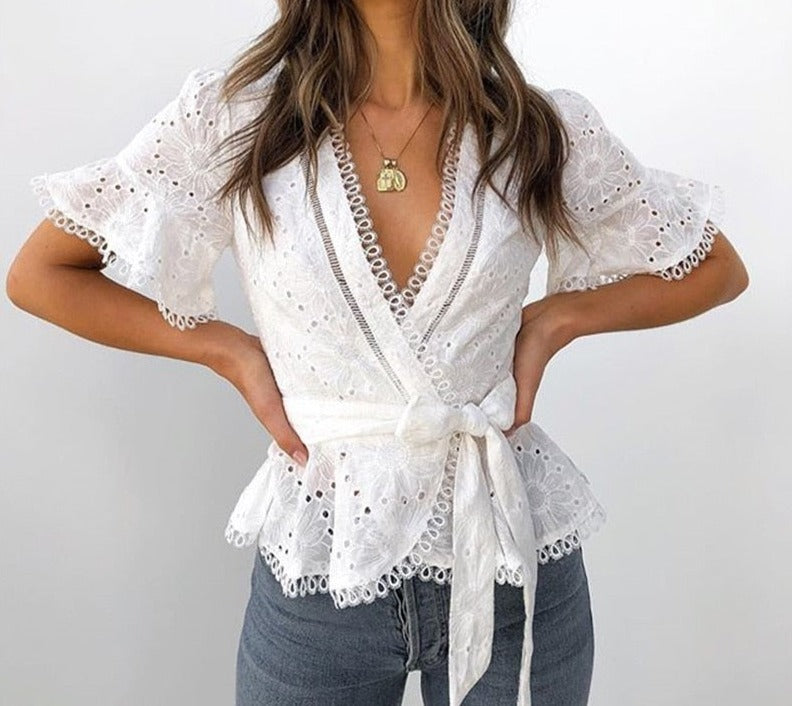 Cotton Embroidery Lace Ruffle Bow Blouses
