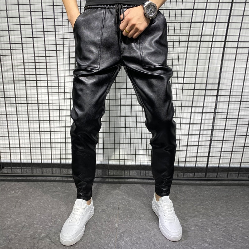 New Winter Thick Warm PU Leather Pants Men Clothing 2023 Simple Big Pocket Windproof Casual Motorcycle Trousers Black Plus Size - Sabreeonline
