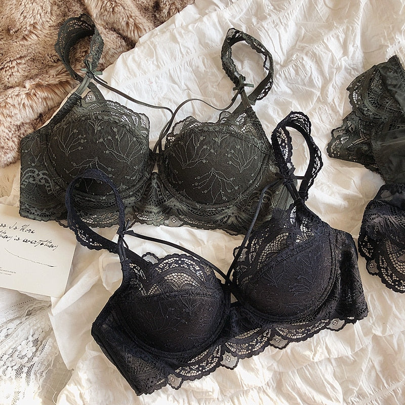 Sexy Lace Thin Perspective Lingerie Bundled Gathering Big Breasts Bra Set Women&#39;s Underwear With Steel Ring Bralette - Sabreeonline